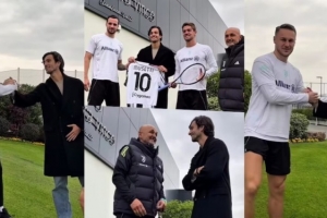 都体：网球运动员穆塞蒂探班尤文训练基地，他是尤文的铁杆球迷